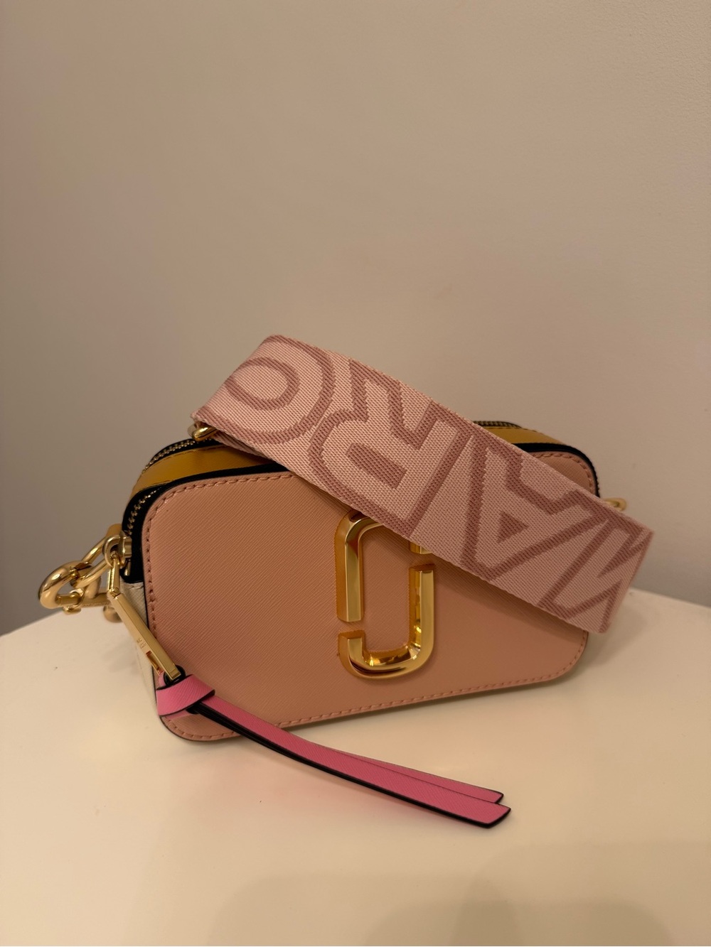 Marc Jacobs Pink and Yellow Logo-Trim Crossbody Snapshot Bag- never worn
